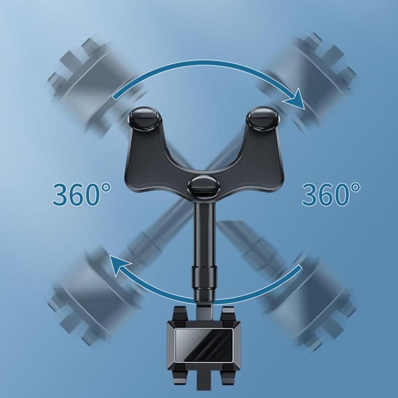 360-degree rotatable rearview mirror phone holder with adjustable grip for secure phone placement.