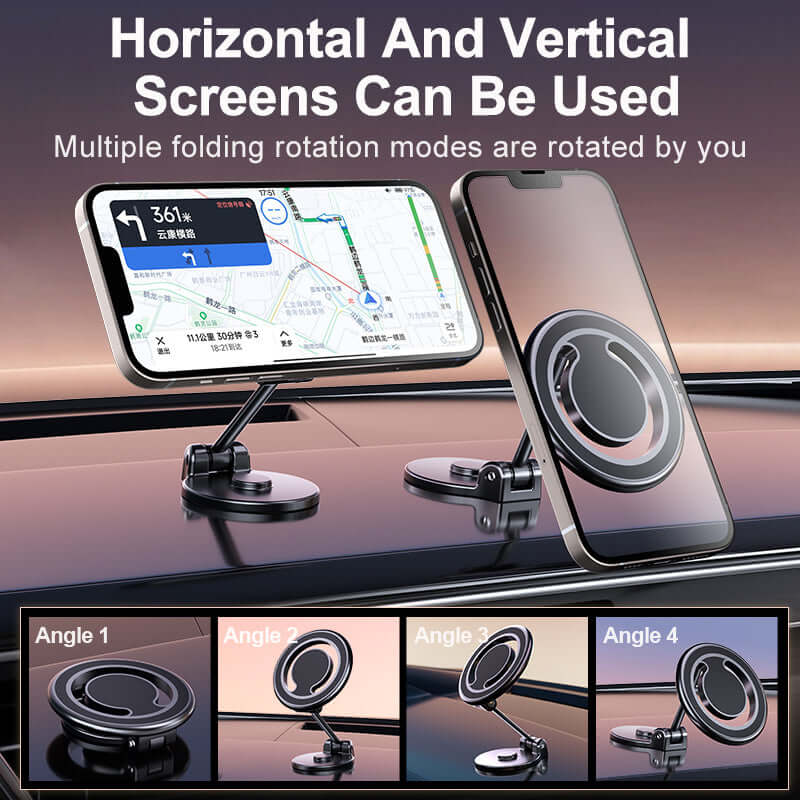 Magnetic phone holder displaying multiple rotation angles for horizontal and vertical screen use in a car.