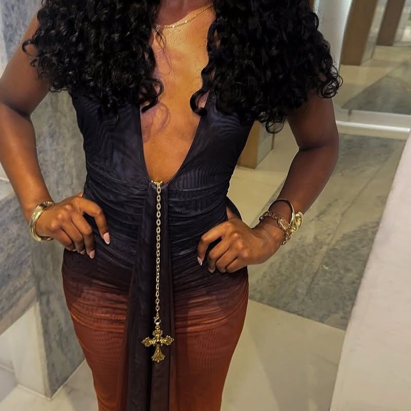 Womens Bold-Color Chic Sexy Deep-V Backless Bodycon Dress - DBMP Shop