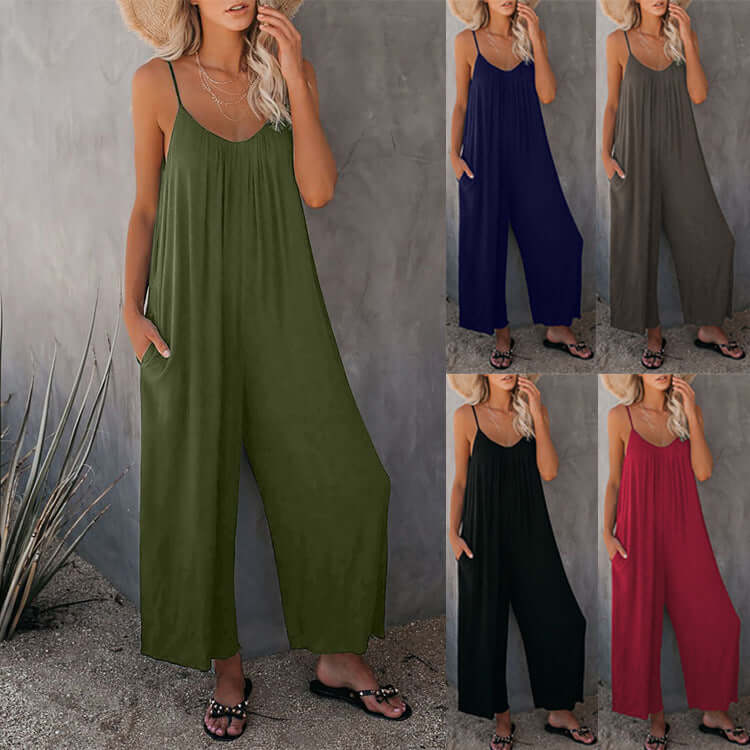 Women in loose sleeveless jumpsuits with pockets in various colors: green, navy, gray, black, and red.