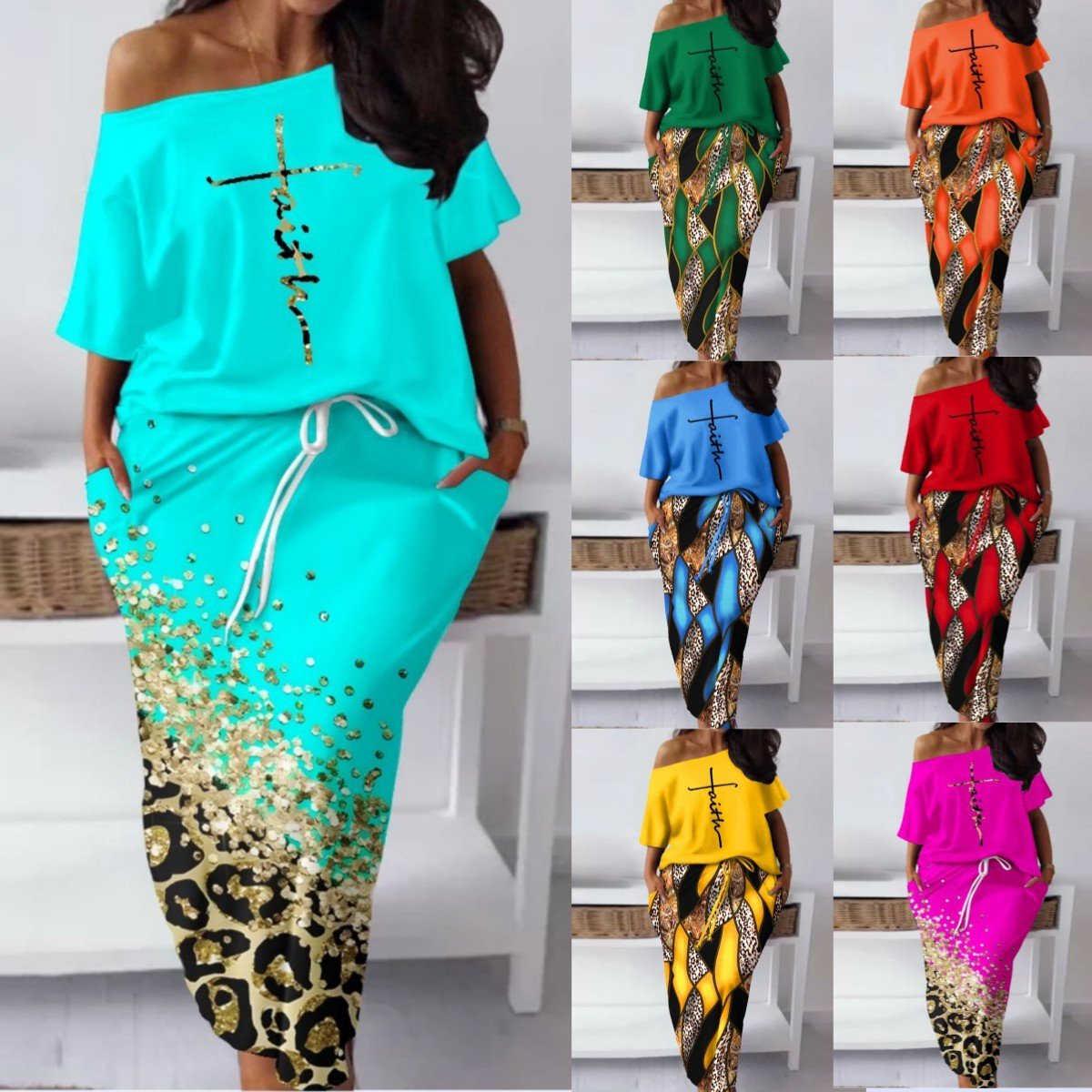 Women's Baroque Leopard Print Diagonal Collar Drawstring Skirt Suit - DBMP (Electronics And More Store)