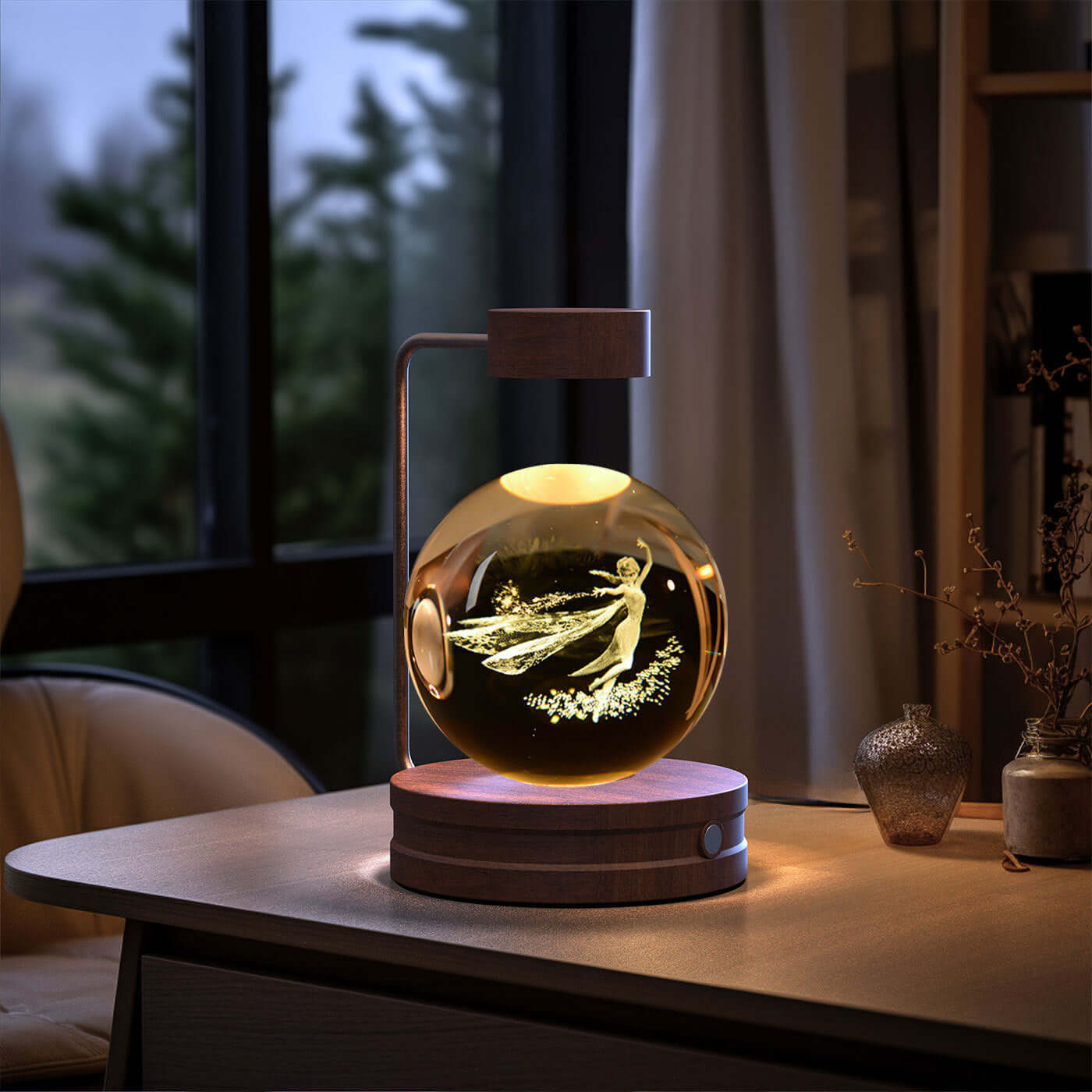 Crystal ball cosmic dinosaur night light with warm glow, perfect for indoor ambiance and as a birthday gift.