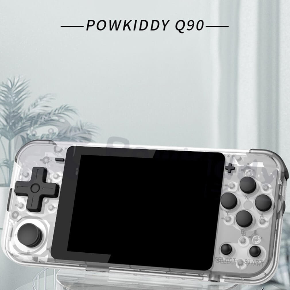 Retro joystick game console POWKIDDY Q90 with transparent casing and IPS screen, ideal for RPG and action games.