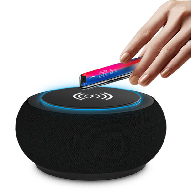 Wireless Bluetooth speaker with touch control and smartphone, featuring loud volume and dual subwoofers.