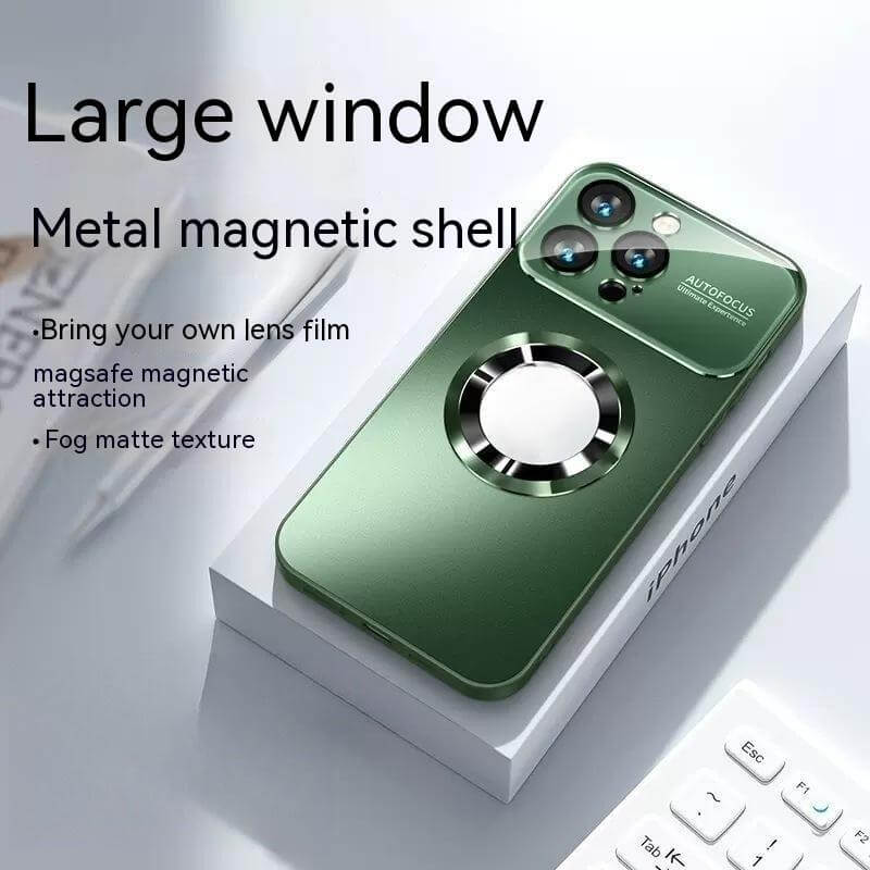 Large window green phone case with metal magnetic shell and fog matte texture on a stylish display.