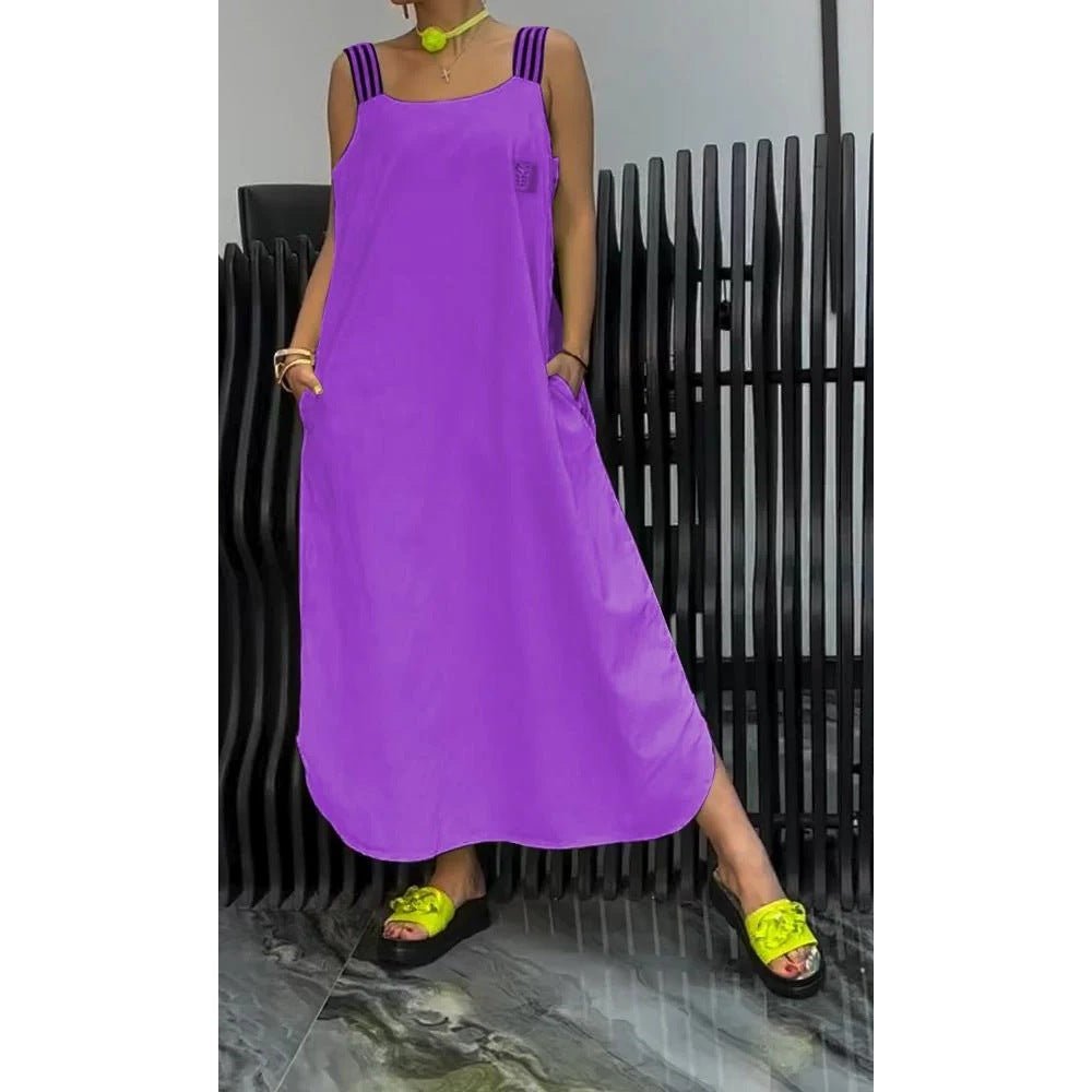 Casual Cotton And Linen Pocket Striped Shoulder Strap Skirt - DBMP Shop