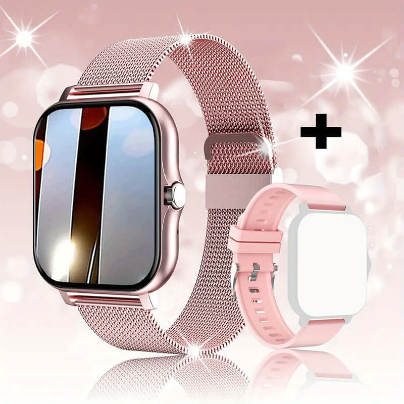 Smart watch with 1.44-inch full touch screen, pink silicone strap, and shiny metallic finish, suitable for men and women.