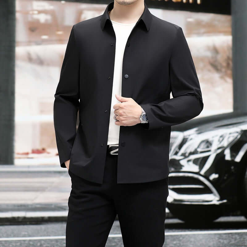 Black seamless jacket for men, stylish and slim fit, perfect for spring and autumn wear, showcasing modern design.
