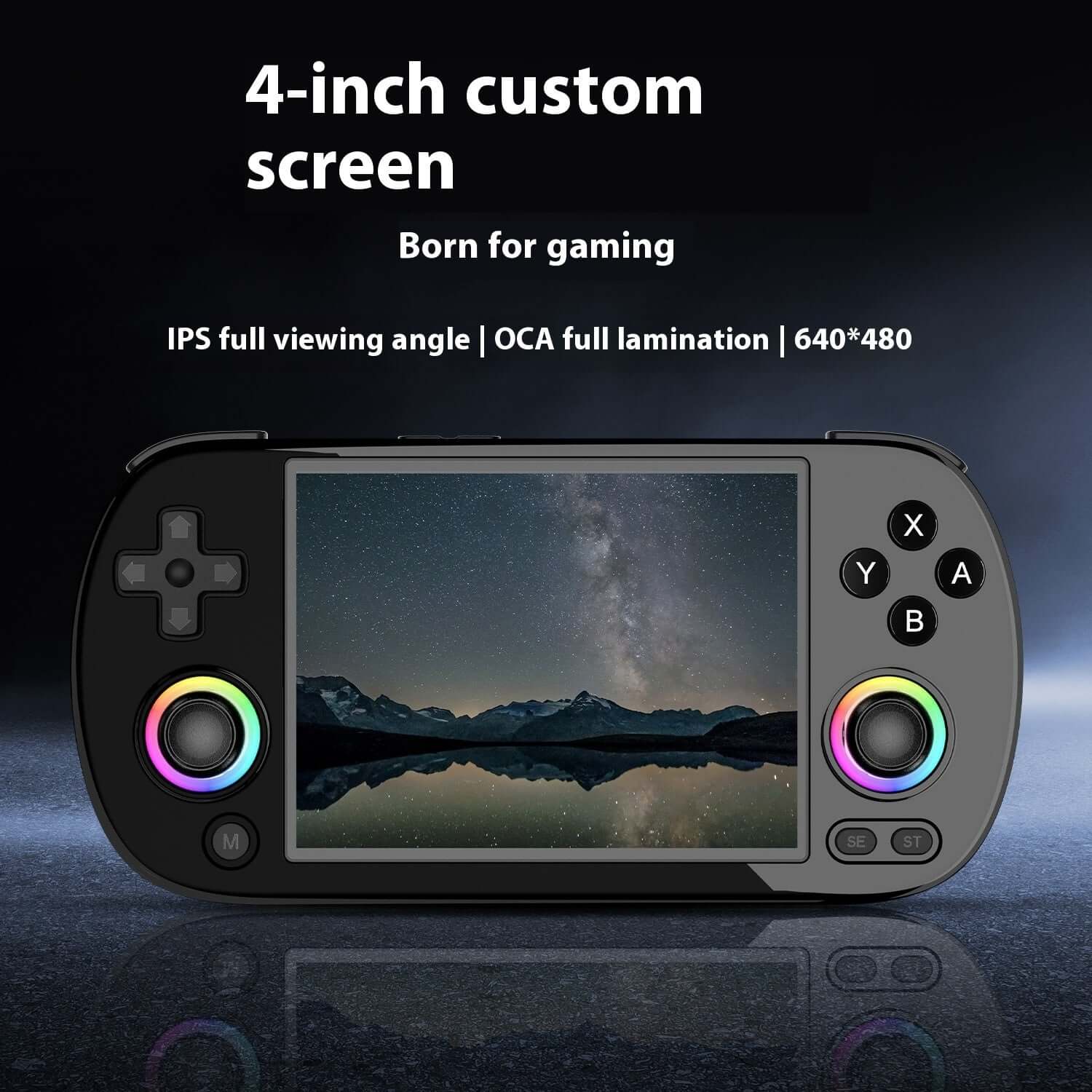 AMPOWN RG40XXH game machine featuring a 4-inch custom screen with 640x480 resolution and full IPS viewing angle.