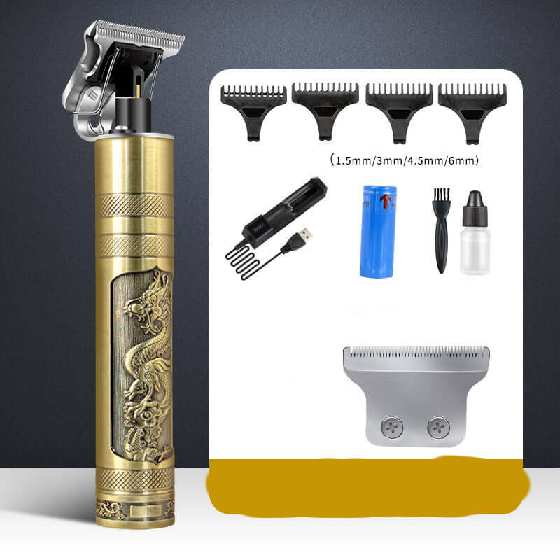 Professional electric hair clipper with dragon design, comb attachments, haircut tools, and USB charging.
