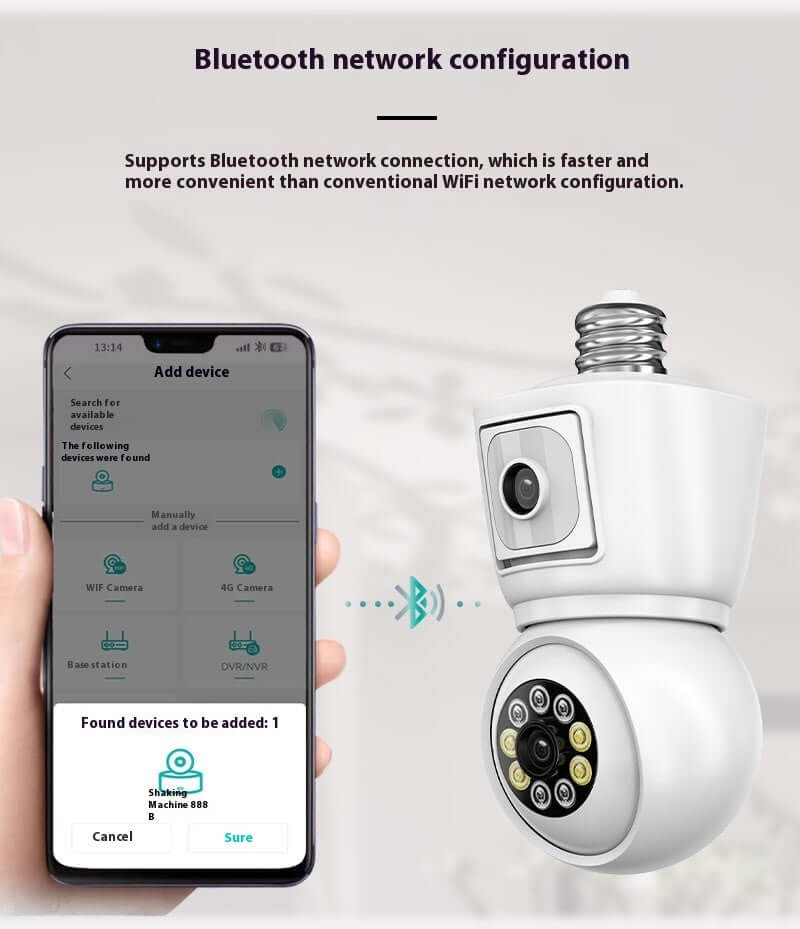 Bluetooth network configuration for a surveillance lamp with mobile app connection setup displayed on a smartphone.