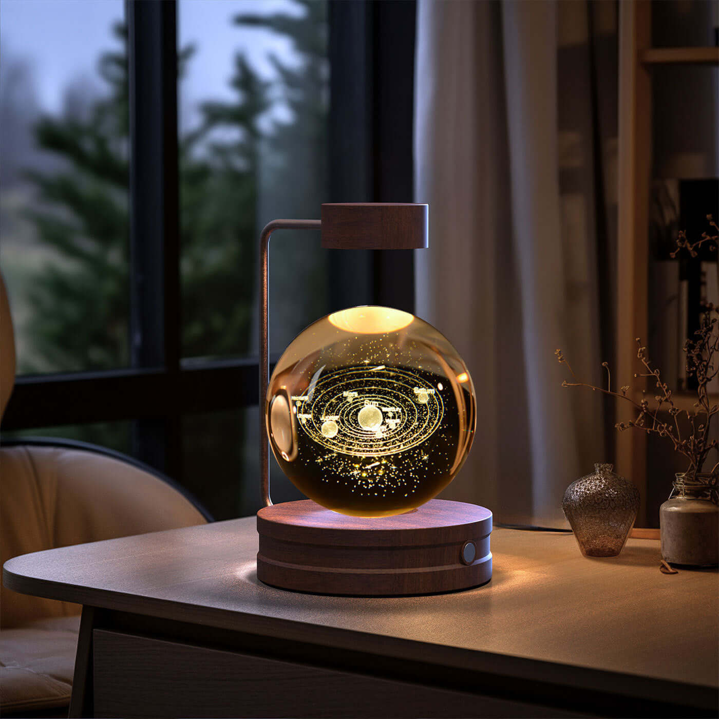 Crystal ball night light with cosmic design, providing a warm ambiance for indoor spaces.
