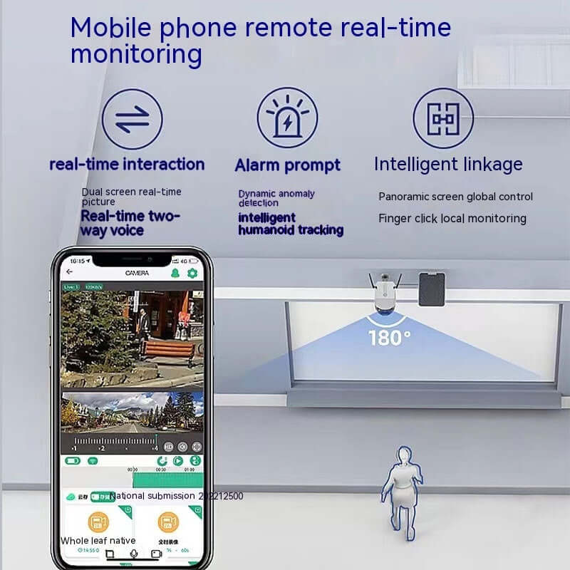 Mobile phone displaying remote monitoring features, including real-time interaction and smart tracking.
