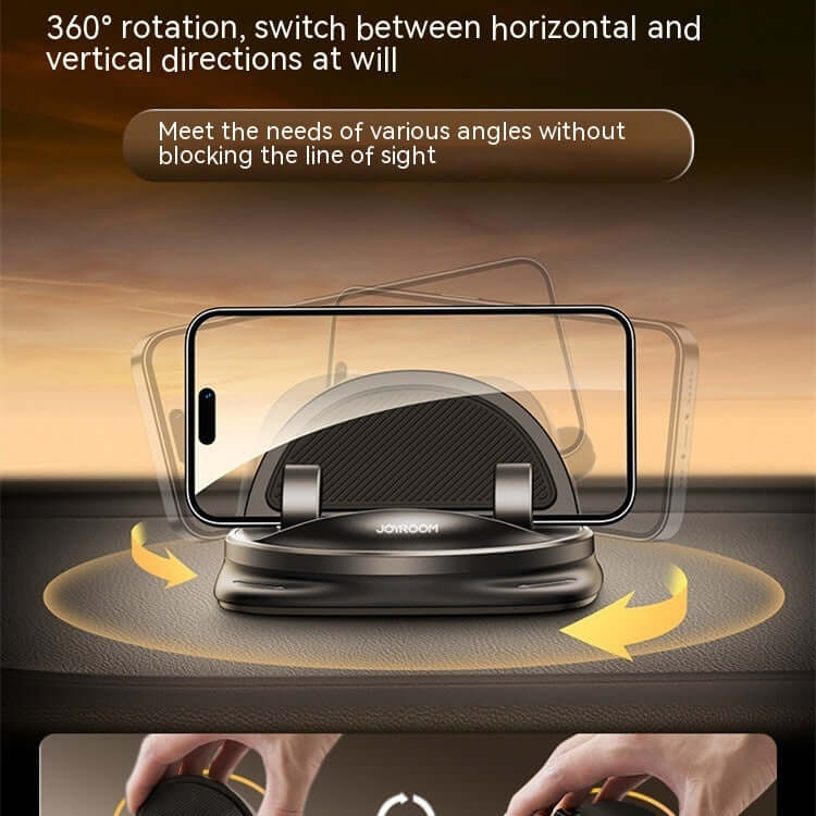 360° rotating car phone holder on dashboard, adjustable for horizontal and vertical angles without blocking sight.