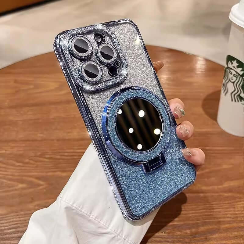 Glitter phone case with makeup mirror for iPhone, showcasing gradient blue design and sleek protective features.