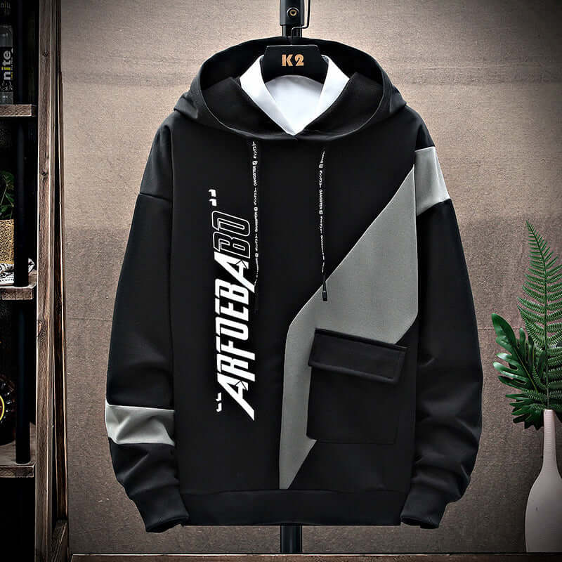 Fashionable long-sleeved hooded sweater for men in black and gray, featuring a trendy design and comfortable fit.