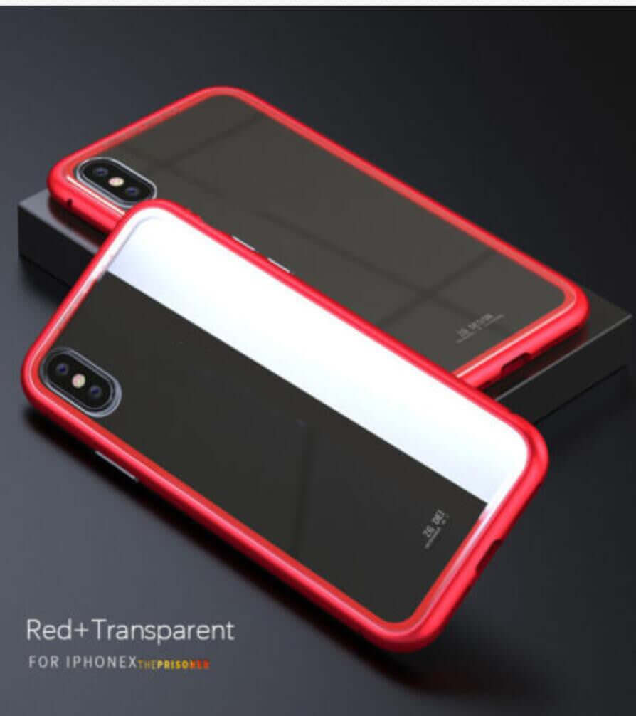 Red and transparent magnetic tempered glass shell screen protector for iPhone X.