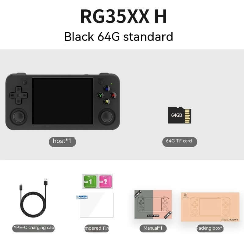 Handheld game machine RG35XX H in black with 64GB TF card, charging cable, tempered film, manual, and packaging box.