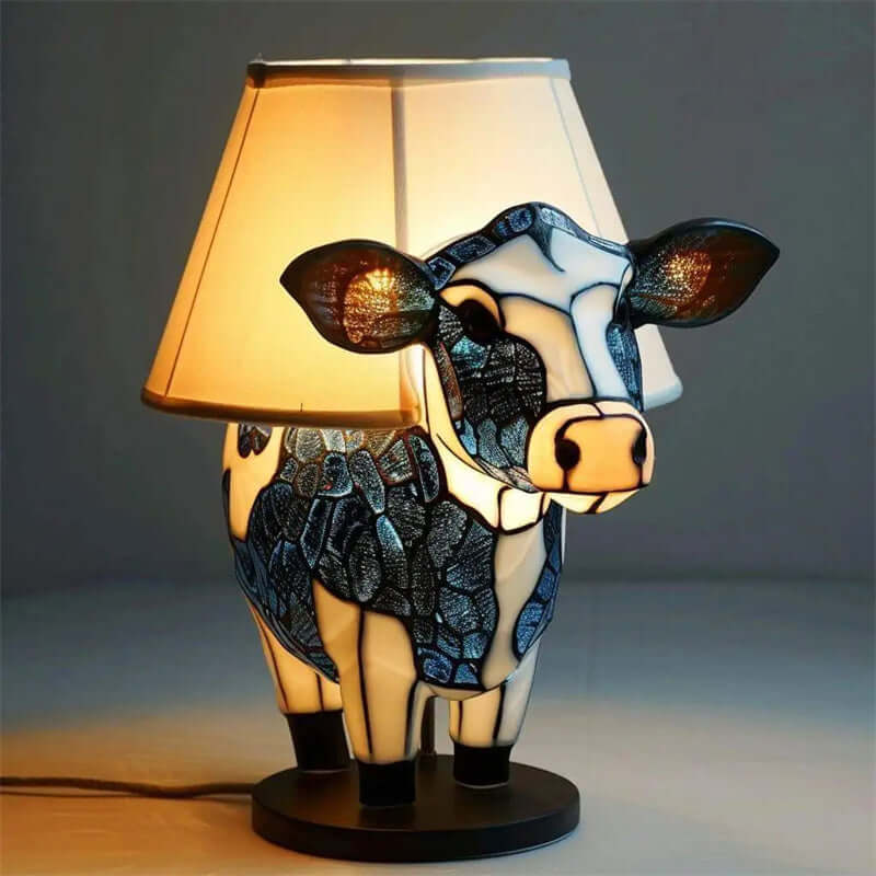 Vintage cow table lamp with fabric shade, perfect night light for bedroom or living room decor.