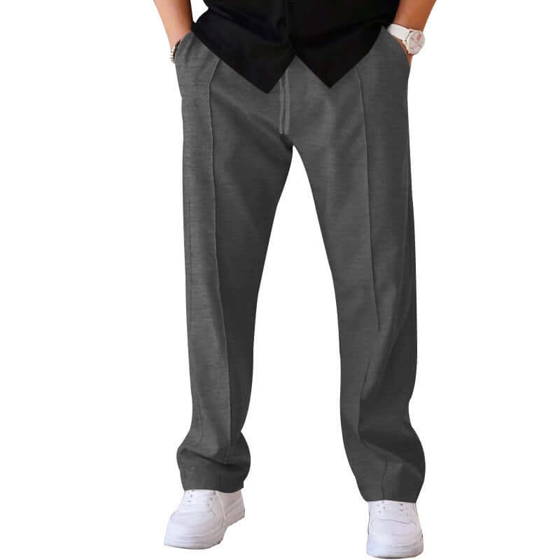 Men's casual loose straight trousers in dark gray with drawstring design, stylish and comfortable for everyday wear.