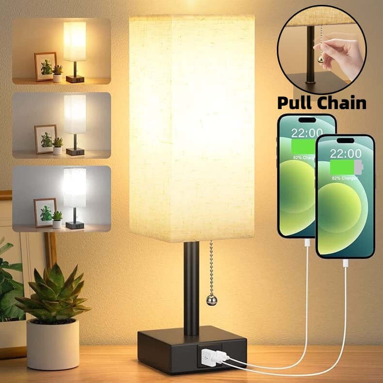 Stylish bedside table lamp with pull chain, 3 brightness levels, USB C & A, ideal for bedroom and living room decor.