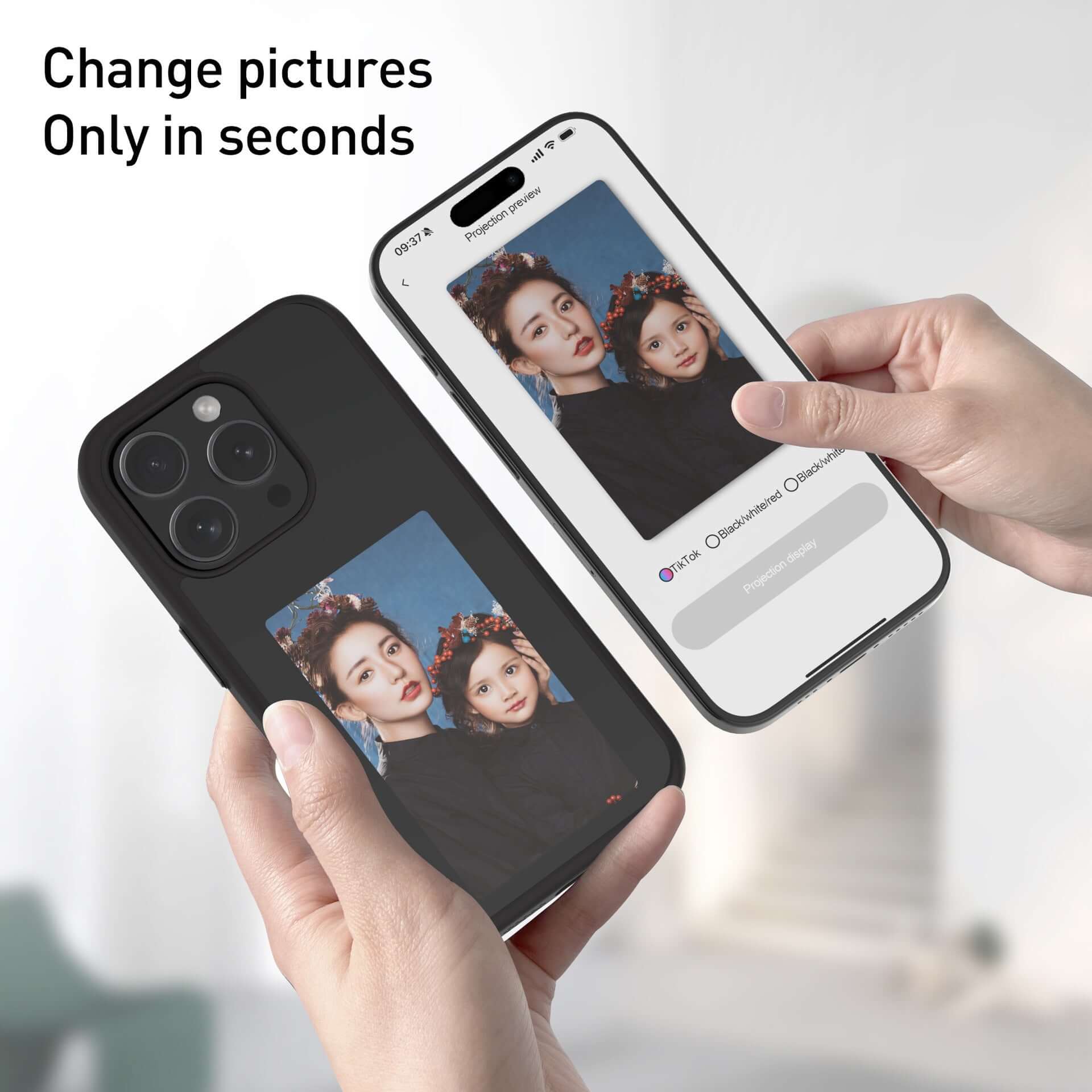 DIY Ink Screen Phone Case showcasing picture change feature; magnetic, shockproof design in black, compatible with iPhone.