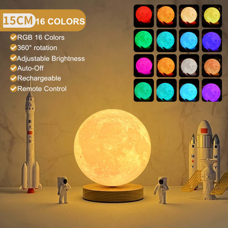 15cm 3D moon lamp with RGB 16 colors, adjustable brightness, remote control, and 360 rotation for home decor.