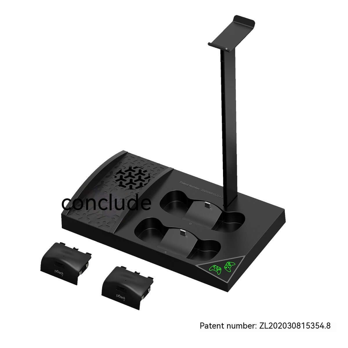 Xbox Series S cooling fan and dual battery charger dock with earphone rack, ABS material, compact design.