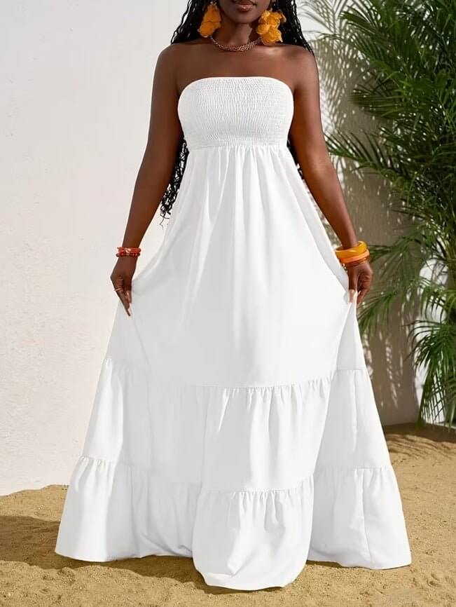 Vibrant Strapless Pleated Multi - layered Full Skirt Dress, Women's Sleeveless Long Resort Style Dress - DBMP (Electronics And More Store)