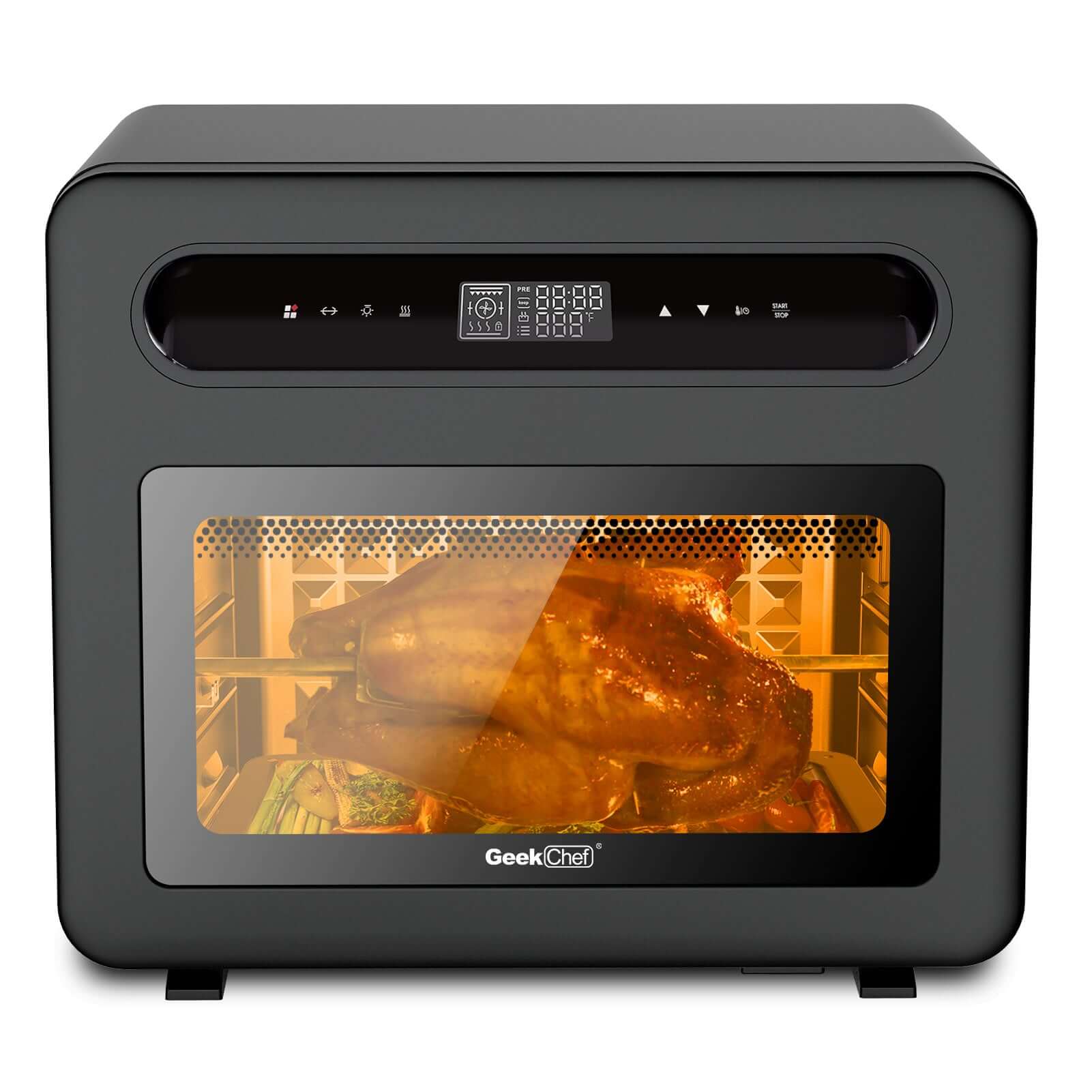 Geek Chef Steam Air Fryer Oven Combo in black stainless steel with turkey and vegetables inside, showcasing its cooking features.