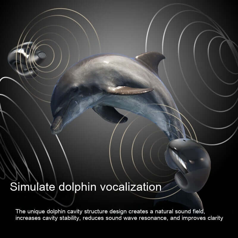 Dolphin vocalization simulation showing sound waves created by unique cavity design for improved audio clarity.