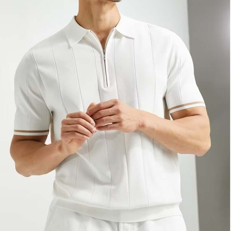 Men's summer polo shirt in white with zipper and stylish design, perfect for casual wear.