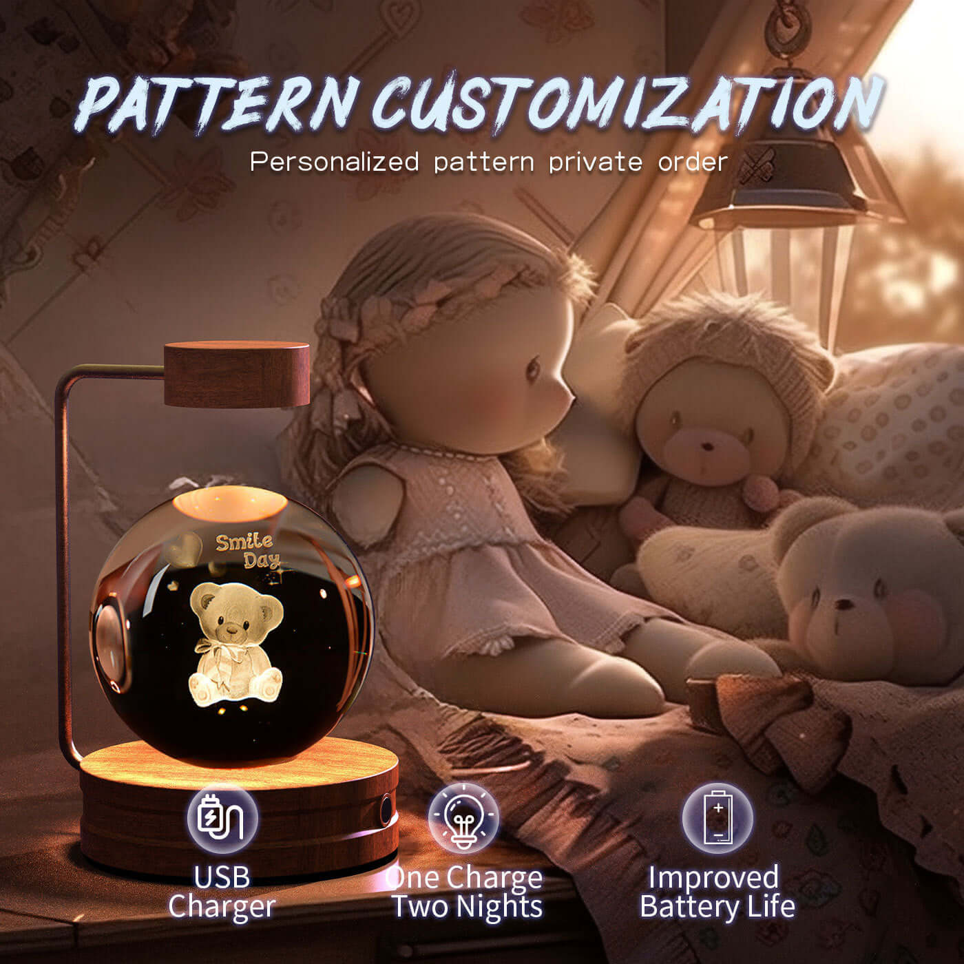 Personalized pattern crystal night lamp with teddy bear design, USB charger, and improved battery life for cozy ambiance.