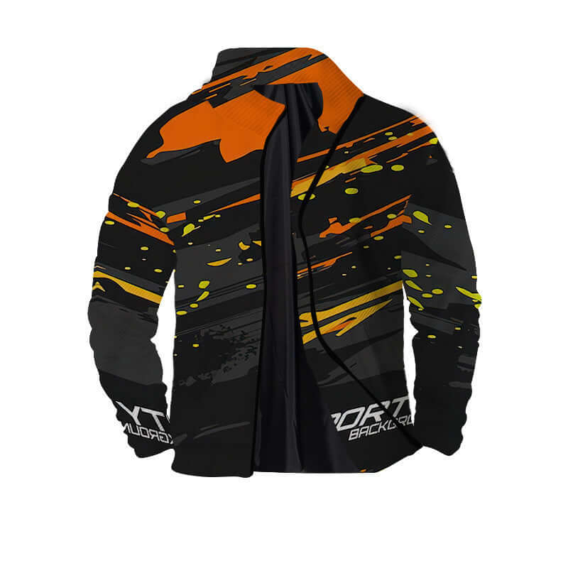 Men's black and orange twill 3D zipper jacket with graphic pattern, suitable for teenagers, sizes S-XXXL.