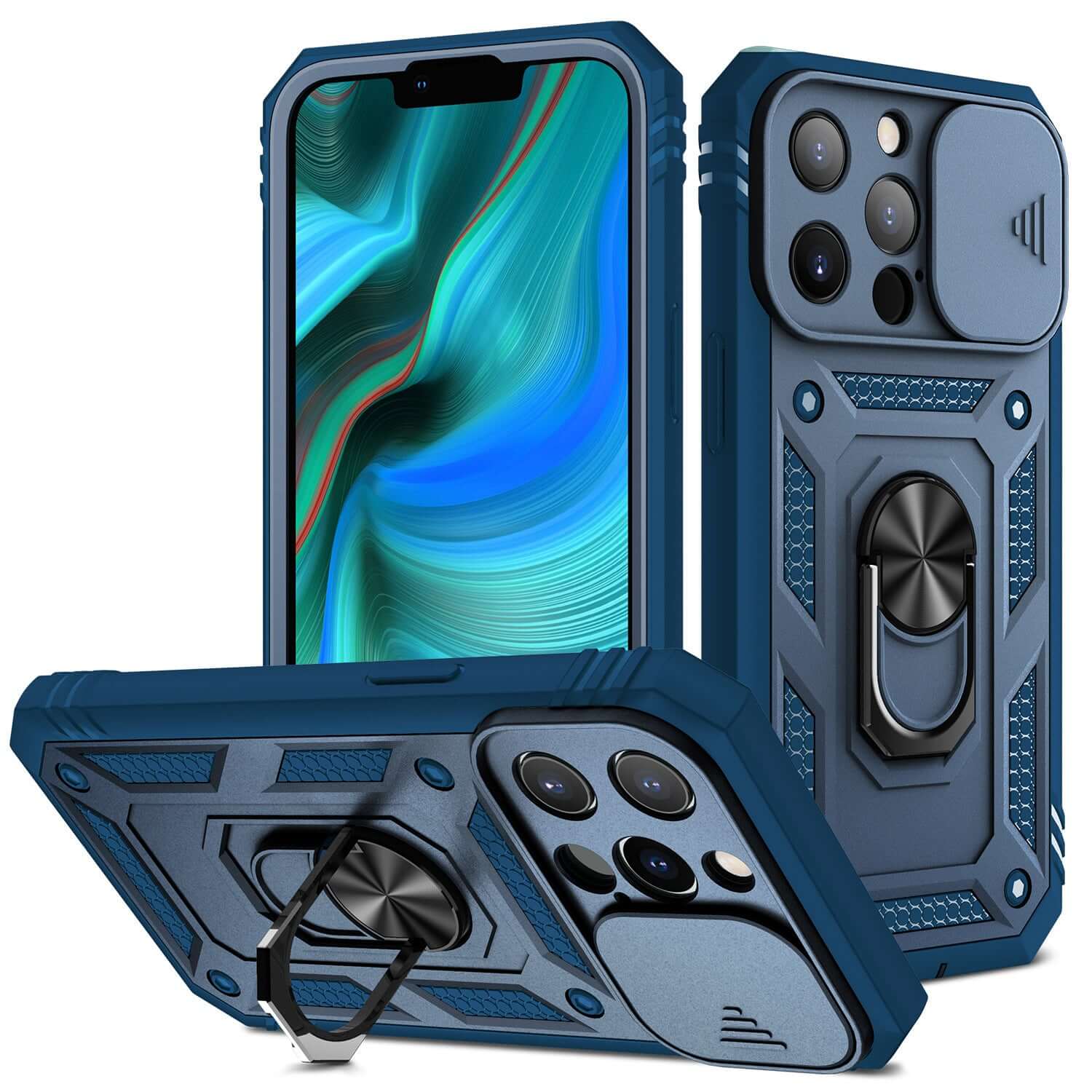 New sapphire blue magnetic mobile phone case with sliding window bracket for Apple devices, showcasing durability and style.