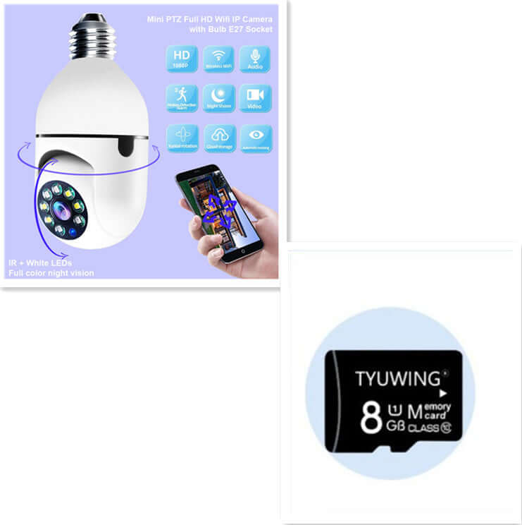 WiFi camera with 1080P HD, E27 socket, and TF card storage for clear surveillance and night vision.