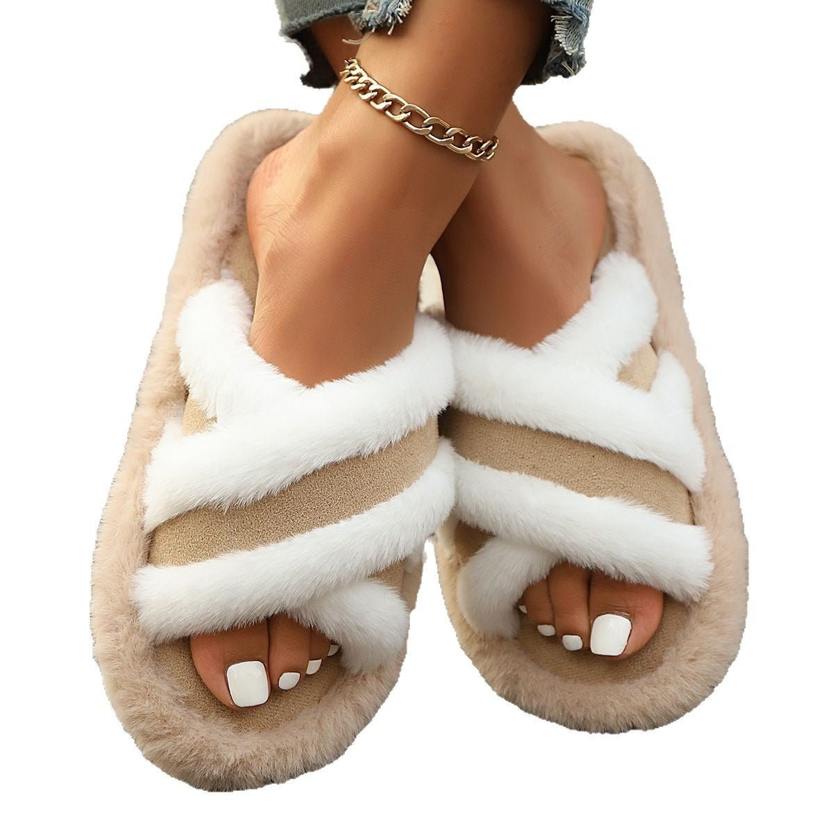 Fluffy Slippers Cross Strap Stitching Warm Casual Platform Slippers - DBMP Shop