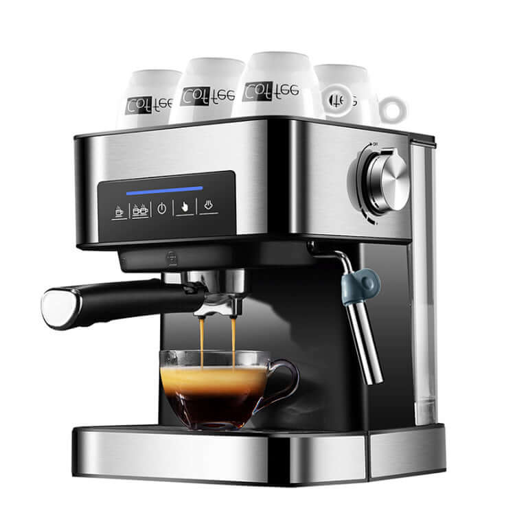 Home Smart Espresso Machine with steam frother making coffee, 220V-240V, 850W, 1.6L capacity and sleek design.
