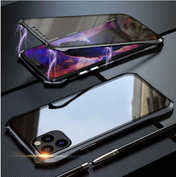 Glass magnetic king protective cover for iPhone 11 in sleek black design, showcasing phone case with metal backing and transparent protection.