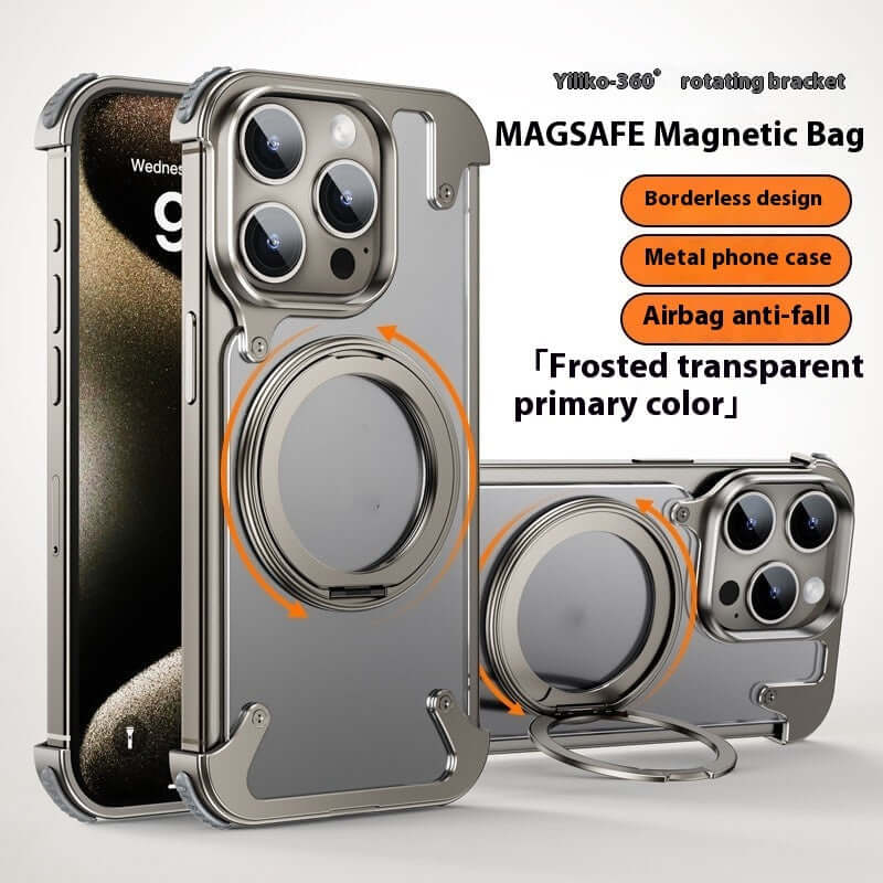 Magnetic metal phone case with rotating bracket, anti-fall design, and frosted transparent finish for iPhone.