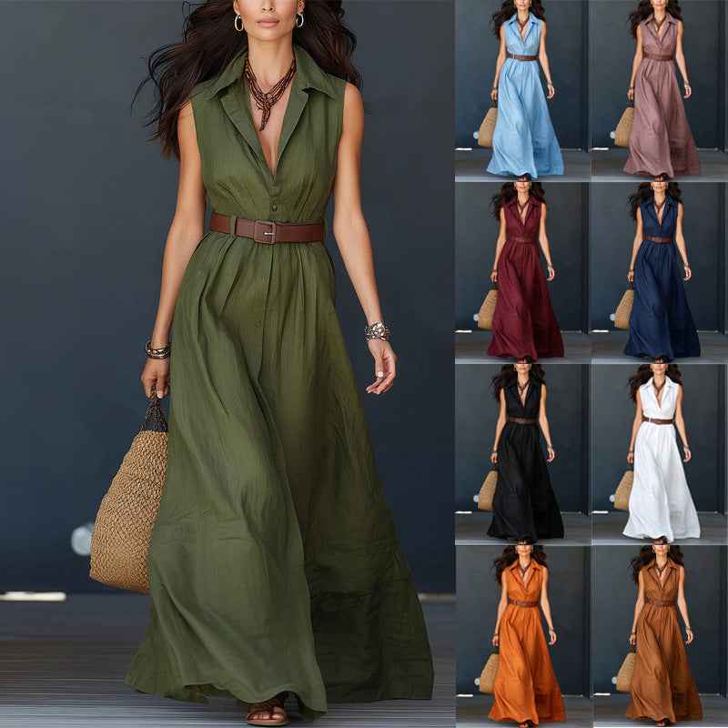 Sleeveless Lapel-neck Waist-cinching Shirt Dress - DBMP Shop