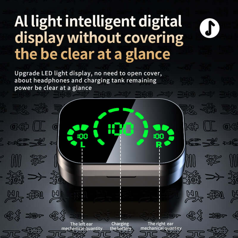 YD03 Bluetooth headset LED display showing battery levels for left and right earphones, easy power monitoring.