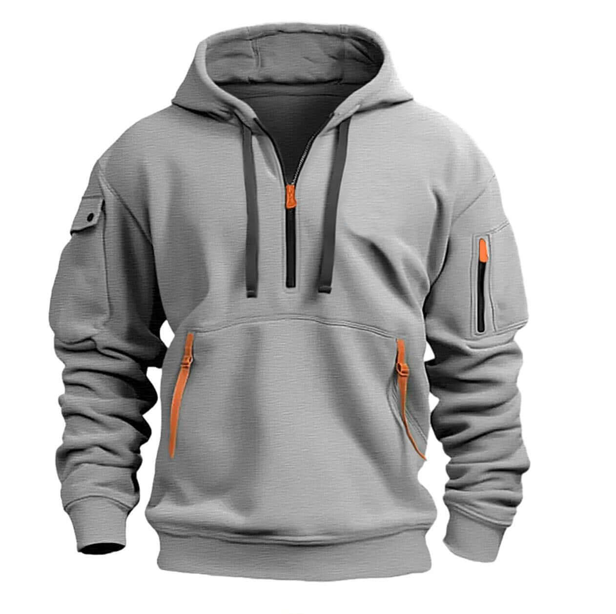 Men's plus size gray hooded sweatshirt with orange zippers and pockets, comfortable and stylish pullover.