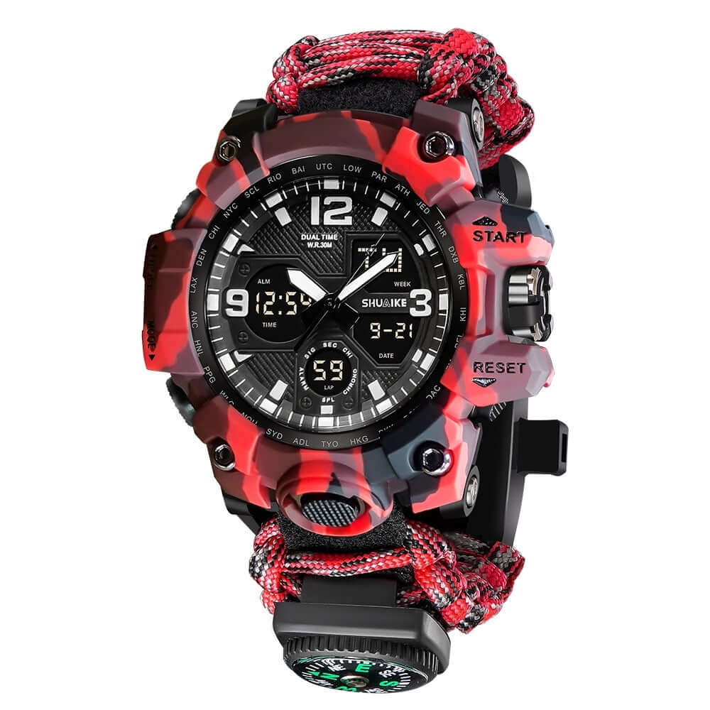 Double display electronic watch with camouflage strap, featuring compass, thermometer, and whistle for outdoor use.
