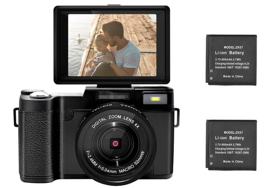 HD 27K R2S digital camera with flip screen and two Li-ion batteries for extended shooting.
