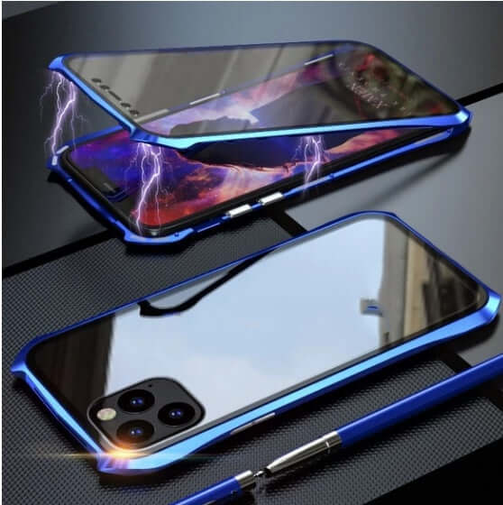 Glass magnetic king protective cover for iPhone 11 in sleek blue, showcasing a stylish and durable design.