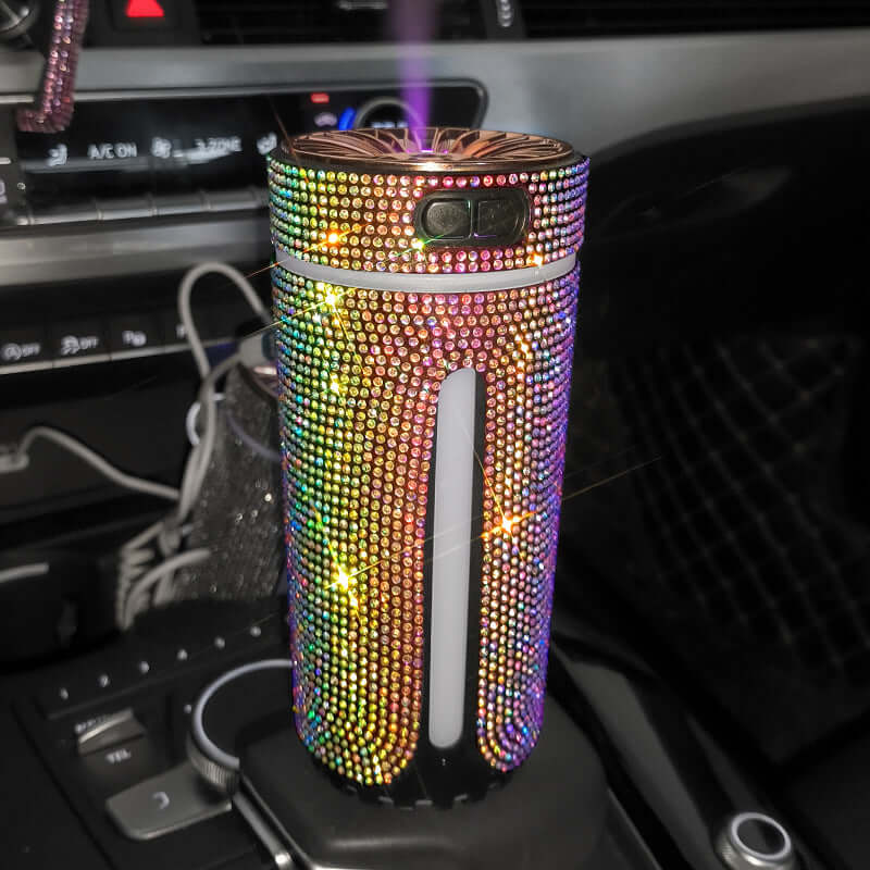 Luxury diamond car humidifier with LED lights, perfect for aromatherapy and air purification in vehicles.