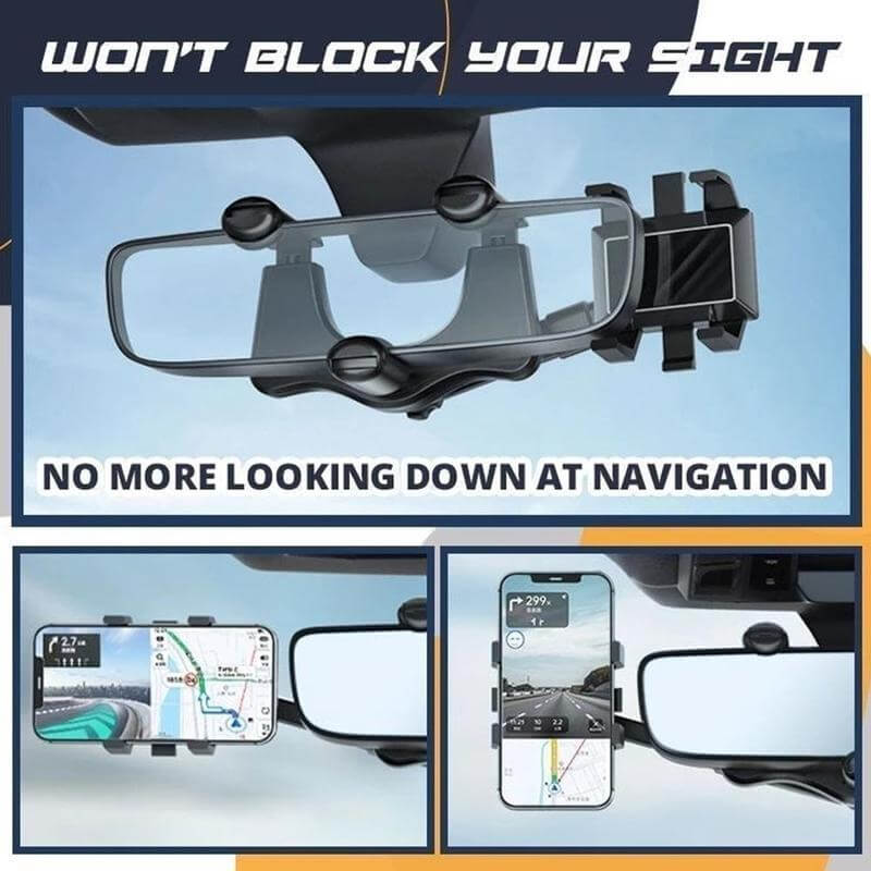 Rearview mirror phone holder mounted for safe navigation, adjustable for portrait and landscape views.