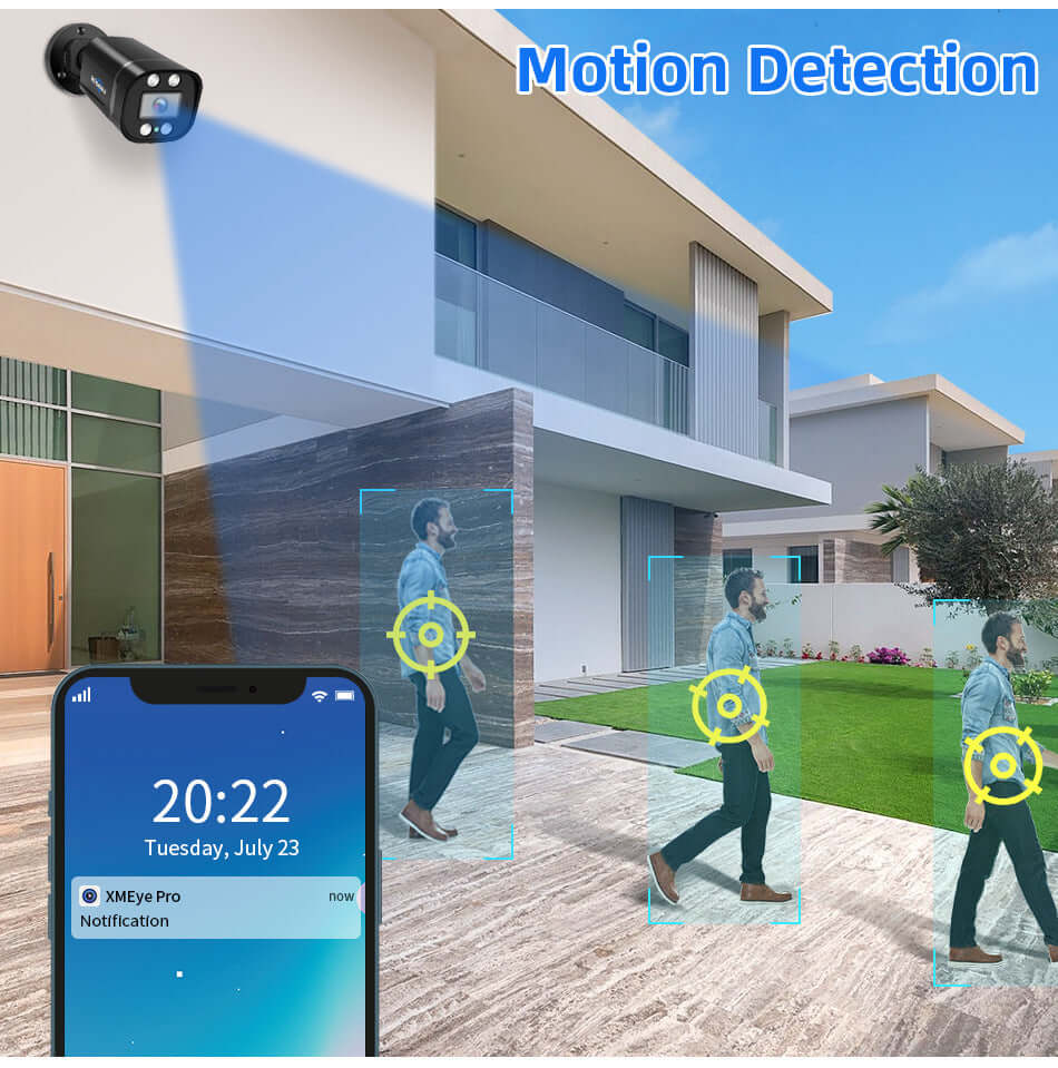 Outdoor security system with motion detection highlighting a person walking near a modern home and a mobile notification display.