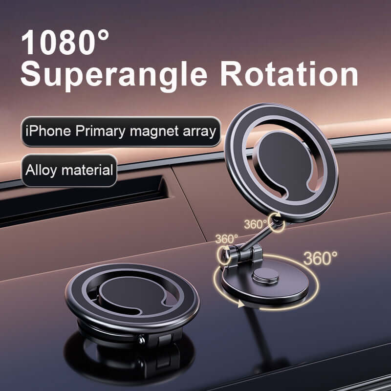 1080° superangle rotation magnetic phone holder showcasing alloy material and iPhone primary magnet array for secure mounting.